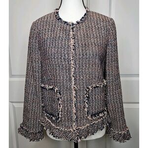 Rebecca Taylor Womens Tweed Blazer Size 6 Fringe Trim Pink & Navy Blue‎